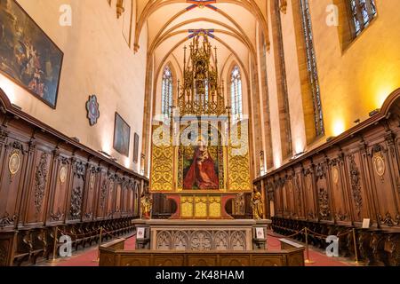 Madonna im Rosenhag von Martin Schongauer im Chor der Dominikanerkirche in Colmar, Elsass, Frankreich | Martin Schongauers Meisterwerk La Vierge au Stockfoto