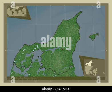 Nordjylland, Region Dänemark. Höhenkarte im Wiki-Stil mit Seen und Flüssen. Karten für zusätzliche Eckposition Stockfoto