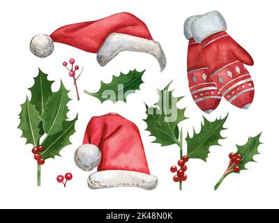 Eine Reihe von Aquarellelementen grünen Zweigen mit roten Beeren, Santa Hüte handbemalt mit Aquarell auf weißem Hintergrund. Geeignet für Postkarten Stockfoto