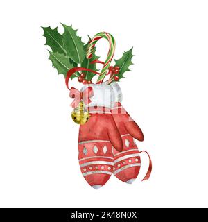 Rote Winterhandschuhe mit Stechblättern und einem Lollipop, einer goldenen Glocke, die von Hand in Aquarell auf weißem Hintergrund gemalt wurde. Geeignet für Weihnachten Stockfoto