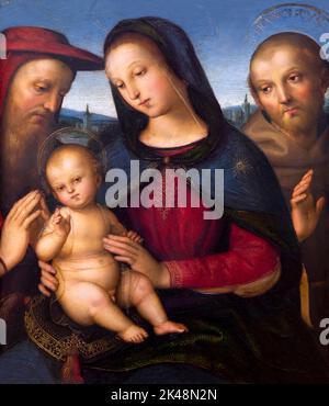 Die Jungfrau und das Kind mit den Heiligen Hieronymus und Franziskus, Raphael, um 1502, Gemaldegalerie, Berlin, Deutschland, Europa Stockfoto