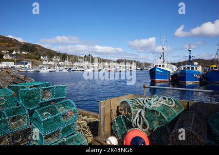 Der Hafen am East Loch Tarbert mit festfahrenden Fischerbooten, Schwimmern und Hummertöpfen. East Loch Tarbert, Argyll und Bute Stockfoto
