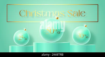 Weihnachtsverkauf Vektor Werbung Banner Karte Vorlage. Saison Promo Hintergrund Szene mit realistischen Kugeln und Discount-Podien Neujahr Winter Stock Vektor
