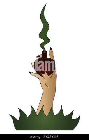 Die Hexenhand hält eine Ampulle mit einem Liebetrank. Herzförmiges Gefäß. Magische Paare kommen aus der Blase. Lange Finger mit scharfen Nägeln Stock Vektor