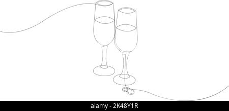 Kontinuierliche Linienzeichnung von zwei Gläsern mit Champagner und Eheringen. Minimalistischer Stil mit einer Linie. Stock Vektor