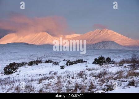 Wunderschöne Alpen Glow treffen Berggipfel in den schottischen Highlands während des atemberaubenden Sonnenaufgangs in der Winterlandschaft Stockfoto