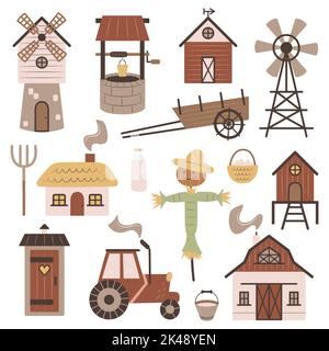 Sammlung von landwirtschaftlichen Gebäuden und landwirtschaftlichen Objekten. Satz einfacher Doodle-Illustrationen. Scheune, Traktor, Windmühle, Brunnen und andere Ranch-Artikel. Cliparts für Aufkleber, Kinderbuchdesign. Stock Vektor