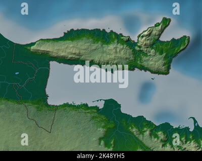 Samana, Provinz der Dominikanischen Republik. Farbige Höhenkarte mit Seen und Flüssen Stockfoto