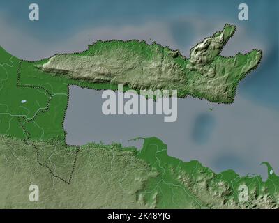 Samana, Provinz der Dominikanischen Republik. Höhenkarte im Wiki-Stil mit Seen und Flüssen Stockfoto