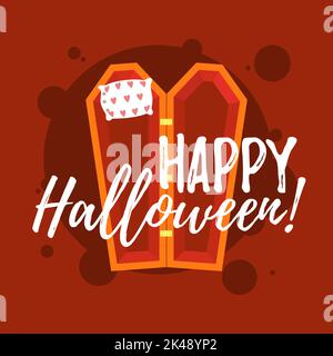 Happy Halloween Grußkarte Vektor-Illustration mit Sarg und Kissen darin für Vampir auf orangefarbenem Hintergrund. Design für Angebot, Gutschein, Banner Stock Vektor