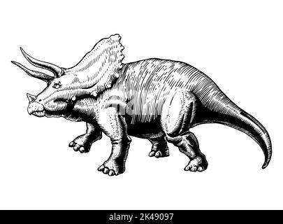 triceratops Dinosaurier Skizze, Vektorzeichnung schwarz auf weißem Hintergrund. Stock Vektor