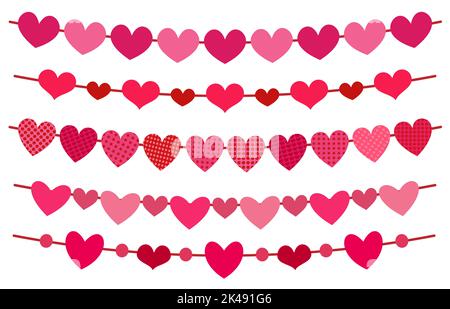 Set aus Girlande mit rotem Herz zum Aufhängen. Hochzeit und Valentinstag Party romantische Dekoration isoliert auf weiß. Liebessymbol. Karneval, fröhliche weihnachten, frohes neues Jahr festliche dekorative Feier Banner Stock Vektor