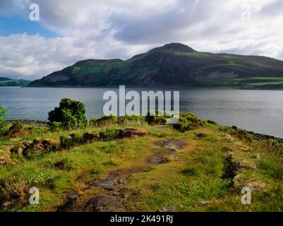 Die zerstörten Trockensteinmauern von Kingscross Point Fort, Isle of Arran, Schottland, Großbritannien, blicken N über Lamlash Bay auf Holy Island: Ein ungefähr kreisförmiger Dun. Stockfoto