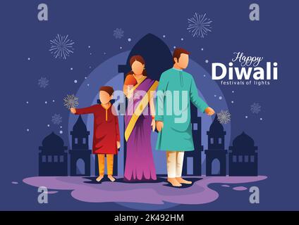 Indian Festival Happy Diwali mit Diwali Requisiten, Urlaub Hintergrund, Diwali Feier Grußkarte, Vektor-Illustration Design. Stock Vektor