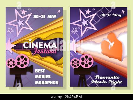 Kinofestival Datum Ankündigung Poster Vorlage Set. Vektorgrafik im Papierkunststil. Retro-Flyer für Filme, Plakate. Stock Vektor