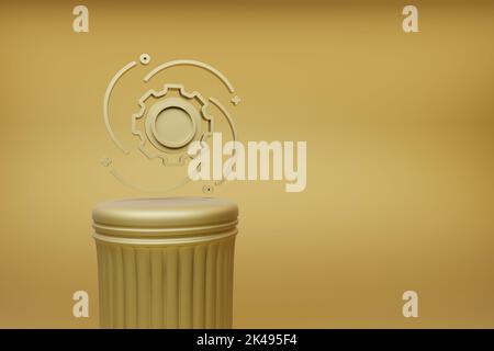 Schöne abstrakte Illustrationen Golden Gear Symbol-Symbole auf einer goldenen Säule und wunderbaren Hintergrund. 3D Rendering-Illustration. Hintergrundmuster f Stockfoto
