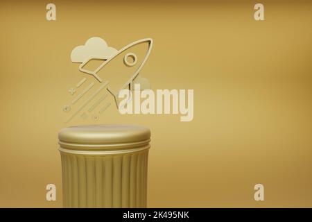 Schöne abstrakte Illustrationen Goldene Rakete Symbol-Symbole auf einer goldenen Säule und wunderbaren Hintergrund. 3D Rendering-Illustration. Hintergrundmuster Stockfoto