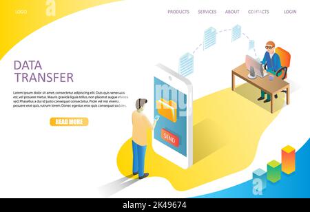 Vektorvorlage für die Landing Page-Website für die Datenübertragung. Isometrische Vektordarstellung. Dateiübertragung zwischen Smartphone- und Computerbenutzern. Dateien kopieren, da Stock Vektor