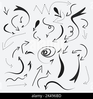 Vektorpfeil Handzeichnen einstellen. Von Hand gezeichnete einfache Symbole. Freihändig farbenfrohe Linien. Dynamische Pfeilzeichen. Editierbare Vektordarstellung Stock Vektor