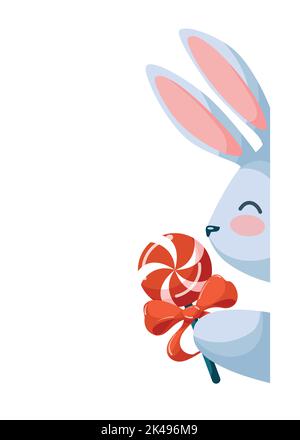 Lustige Happy Bunny Hält Leuchtend Rot Weiß Lollipop Stock Vektor