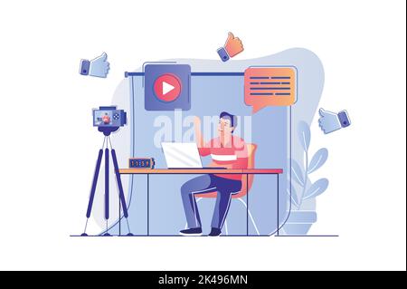 Blogging-Konzept mit People-Szene. Mann blogger Aufnahme neuer Video an der Kamera, schreibt Beiträge in Blog für Anhänger, macht Live-Übertragung. Vektor Stock Vektor