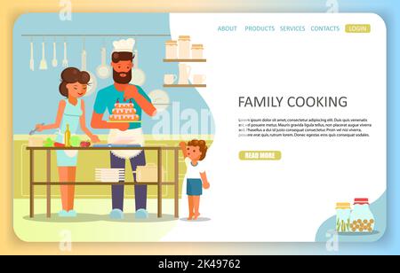 Happy Family Cooking Landing Page-Website-Vorlage. Vektor-Illustration von Vater Mutter mit ihrem Kind Mahlzeiten zusammen in der Küche, so dass wir Stock Vektor
