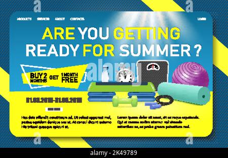 Vorlage für die Landing-Page-Website für Fitnesswerbung. Fitnessgeräte Vektor realistische Illustration. Angebote für Fitness-, Fitness- oder Health-Club, Rabatte. Stock Vektor