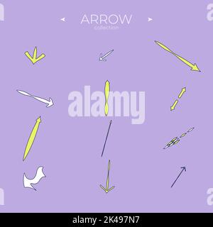 Vektorpfeilsymbole. Farbenfrohe Pfeile. Pfeillogo-Konzept. Lockige und wellenorientierte Ausrichtung. Vektornavigation Stock Vektor
