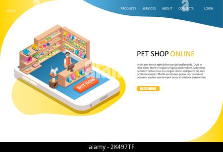 Vorlage für die Online-Landing-Page-Website für Tiershopshop Vector isometrisches Smartphone mit Tierhandlung und Verkäufer. Online-Shopping, E-Commerce-Konzept. Stock Vektor