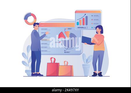 Vertriebsleistungskonzept mit People-Szene. Frau und Mann analysieren Finanzdaten, präsentieren sich mit Unternehmensstatistiken und Gewinn. Vektor Stock Vektor