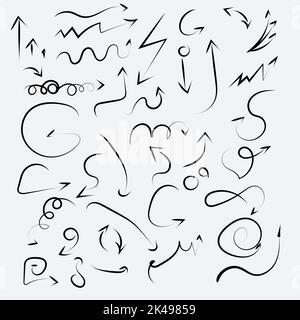Satz von Pfeil-Doodle. Von Hand gezeichnete einfache Symbole. Freihändig farbenfrohe Linien. Kinder Bleistiftzeichnung. Vektor Stock Vektor