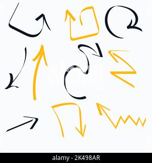 Verschiedene bunte verspielte Pfeil. Von Hand gezeichnete einfache Symbole. Grunge-Textur. Dynamische Pfeilzeichen. Vektorgrafik Stock Vektor