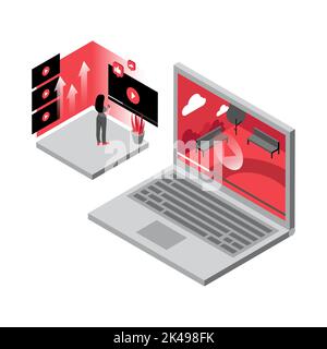 Abbildung Der Vlogging-Plattform. Video-Blogging. Videowiedergabe auf dem Laptop. Aussicht. Vektorgrafik Stock Vektor