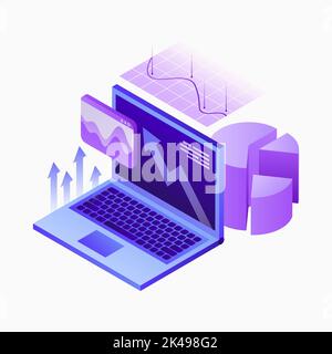 Online Data Analytics Illustration. Datenanalyse. Statistiken auf dem Laptop-Bildschirm. Weiße Vorlage. Vektorgrafik Stock Vektor