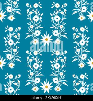 Nahtlose Vektor-Linie Kunstmuster aus weiß mit gelben floralen Komposition auf blau Stock Vektor