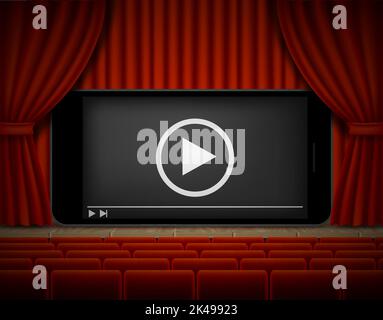 Vorlage für Online-Kino-Poster. Vektordarstellung von Red Movie Theater Bühne und Handy mit Video-Player, Play-Taste auf dem Bildschirm. Mobiler Film. Stock Vektor