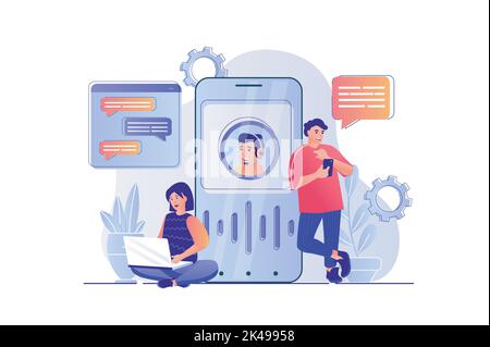 Virtuelles Assistentenkonzept mit People-Szene. Frau und Mann machen Videoanrufe oder schreiben eine Nachricht an die Hotline für den Kundendienst. Vektor Stock Vektor