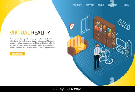 Virtual Reality Landing Page-Website-Vorlage. Vektor-isometrische Darstellung des Menschen in vr-Headset, die seine physische Präsenz in virtuellen Livi simulieren Stock Vektor