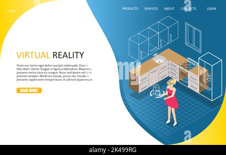 Virtual Reality Landing Page-Website-Vorlage. Vektor isometrische Illustration von Mädchen in vr Headset oder Brille, die ihre physische Präsenz in simulieren Stock Vektor