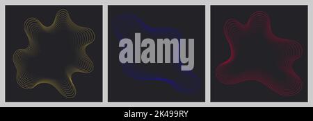 Abstrakter Vektorhintergrund mit farbigen dynamischen linearen Wellen einstellen. Fließende Form von Neonlinien auf minimalem Style. Digitale dunkle quadratische Vorlage für soziale Medien Stock Vektor