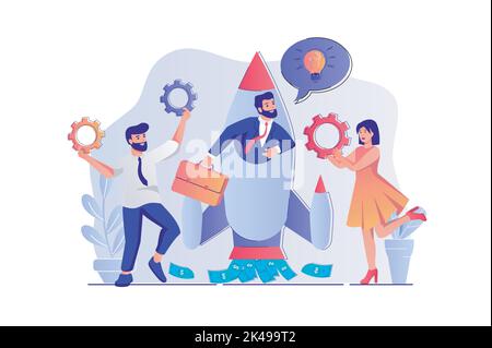 Business-Startup-Konzept mit People-Szene. Frauen und Männer gründen neue Geschäfte, investieren und entwickeln gemeinsam ein Erfolgsprojekt. Vektor Stock Vektor