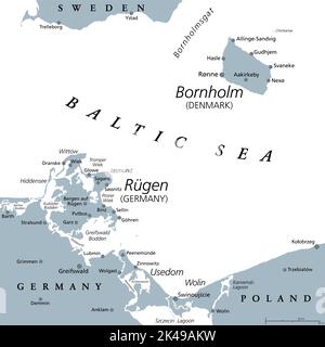 Dänische Insel Bornholm und Deutschlands größte Insel Rügen, graue politische Landkarte. Beide Inseln liegen in der südlichen Ostsee. Stockfoto