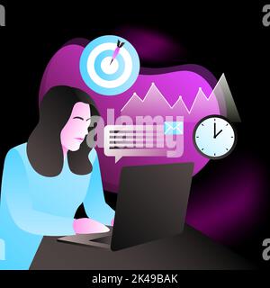 Illustration Für Mitarbeiter. Frau, die am Laptop arbeitet. Vektorgrafik Stock Vektor