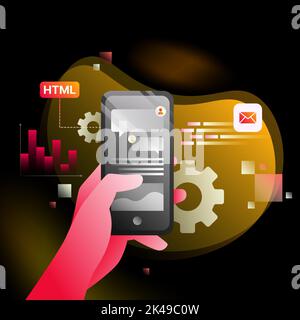 Isometrische Anwendungsdarstellung. Hand hält Smartphone, Diagramme und Zahnräder auf weißem Hintergrund. Vektorgrafik Stock Vektor