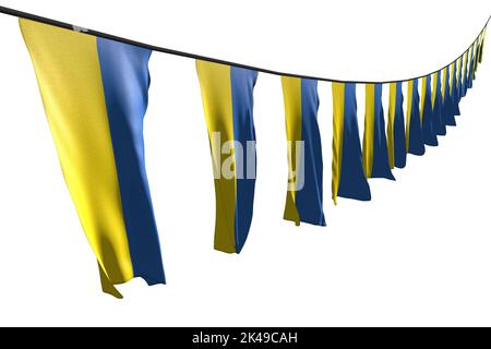 Ziemlich viele Ukraine Fahnen oder Banner hängen diagonal mit perspektivischer Ansicht auf String isoliert auf weiß - jede Feiertagsflagge 3D Illustration Stockfoto