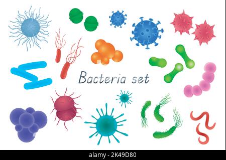 Bakterien und Keime 3D realistisches Set. Bundle von verschiedenen Arten von mikroskopischen Organismen, Mikroben, Viren, Infektionen und Krankheitszellen, Bazillus und Stock Vektor
