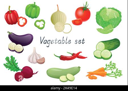 Vegetable 3D realistisches Set. Ein Paket von Pfeffer, Zwiebeln, Tomaten, Kohl, Auberginen, Rote Bete, Knoblauch, Zucchini, Chili, Gurke, Karotte und andere Stock Vektor