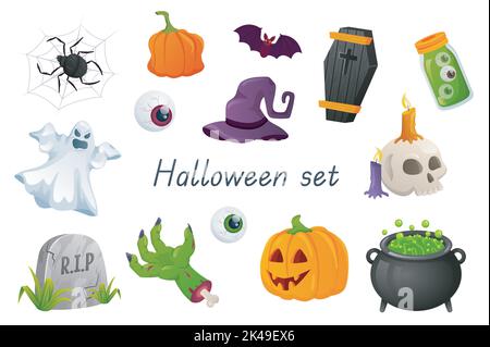 Halloween Dekor und Symbole 3D realistische Set. Spinnenbündel auf Netz, Kürbis, Fledermaus, Augen, Hexenhut, Sarg, Totenkopf mit Kerzen, Geist, Zombie-Hand Stock Vektor