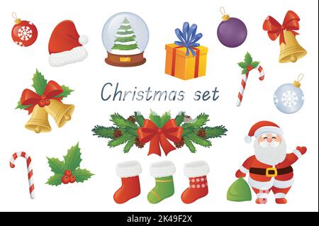 Weihnachtsdekor und Symbole 3D realistisches Set. Bundle Spielzeugbälle, Weihnachtsmann, Glas-Schneekugel mit Baum, Geschenkbox, Glocke, Kranz, Stechpalme, Socken und Stock Vektor