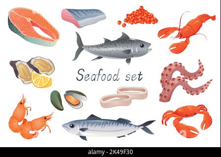 Seafoods 3D realistisches Set. Lachssteak, roter Kaviar, Krabben, Krebse, Tintenfische, Tintenfisch, Garnelen, Thunfisch, Schalentiere, Auster, Muscheln, Hummer und Stock Vektor